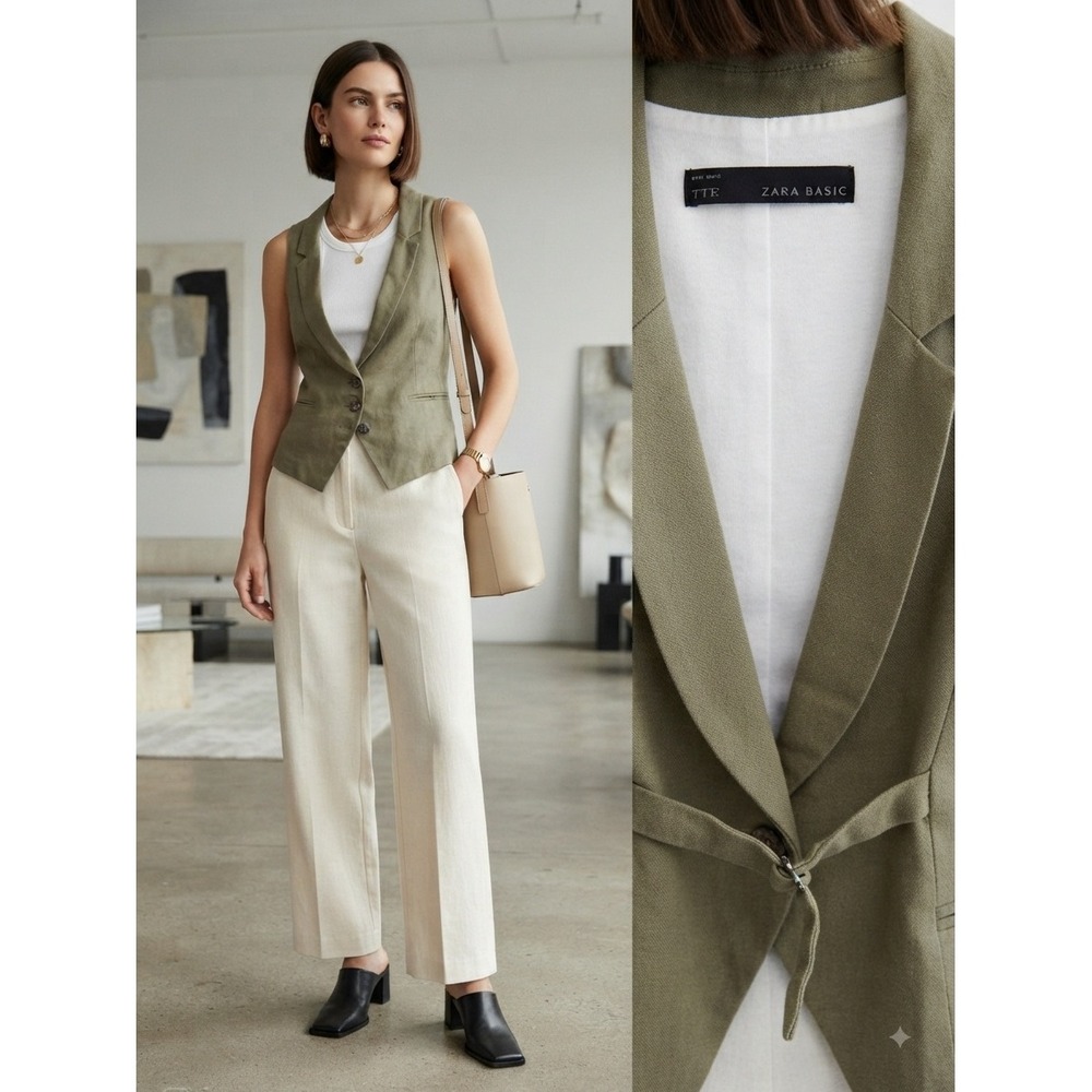 Zara Vest Women Small Olive Green Tailored Cotton Waistcoat Sleeveless Blazer